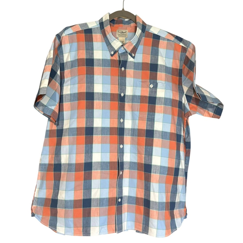 LL Bean Mens XL Traditional Fit Plaid Short Sleeve Button Down Shirt Orange Blue - Picture 10 of 13